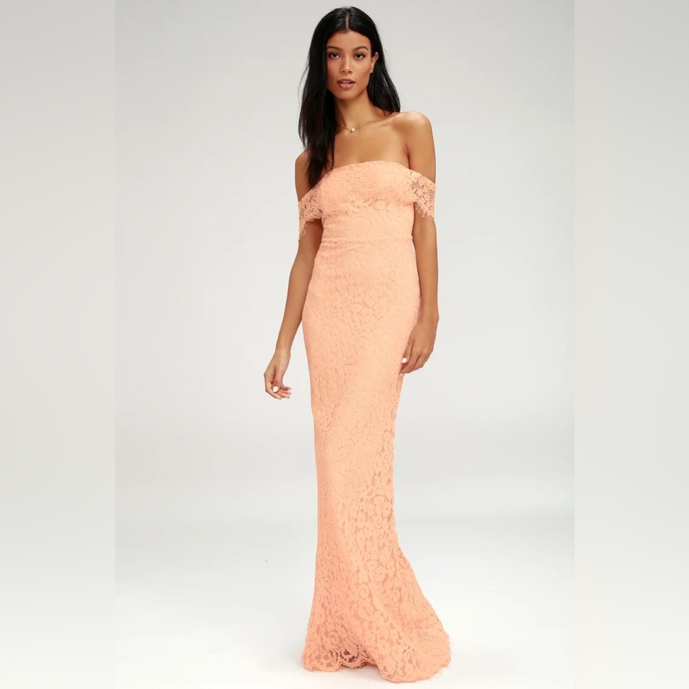 NWT Lulus Romantic Heart Blush Pink Lace Off-the-Shoulder Maxi Dress Sz Small